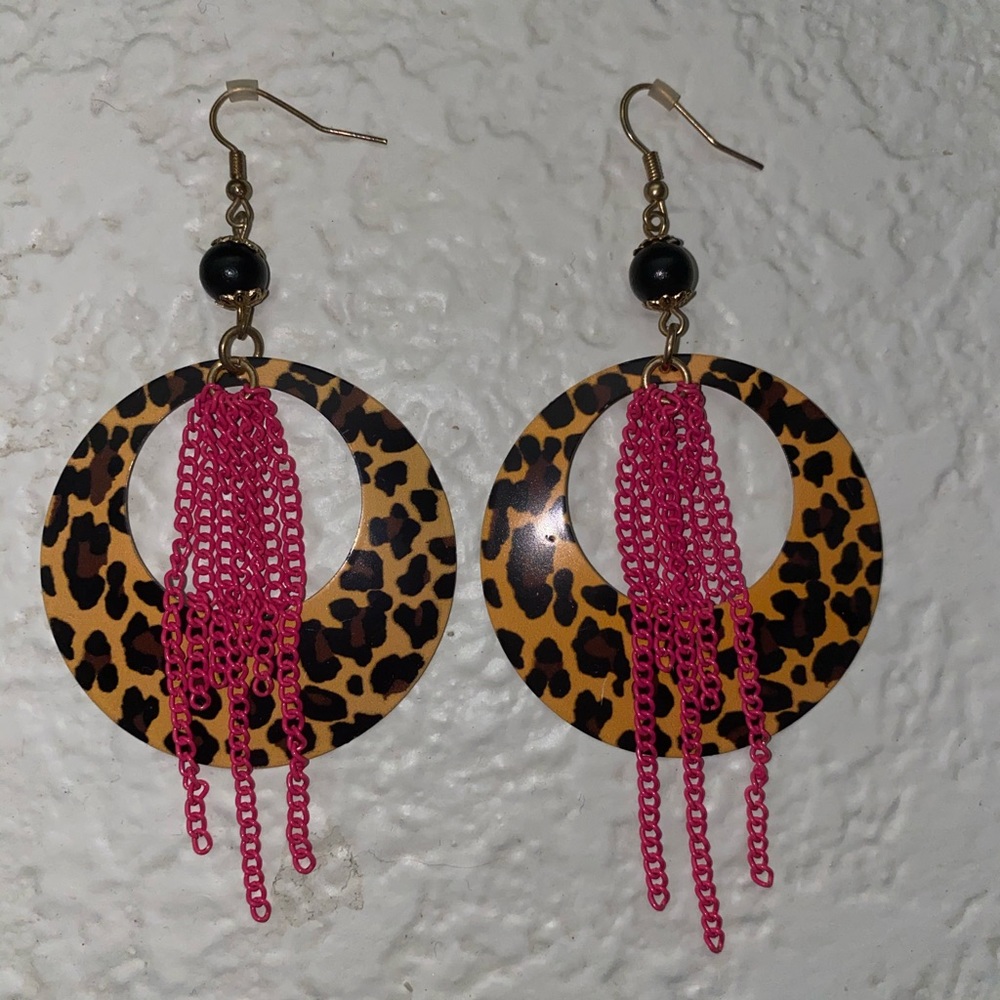 Earrings - dangling cheetah print with pink chains